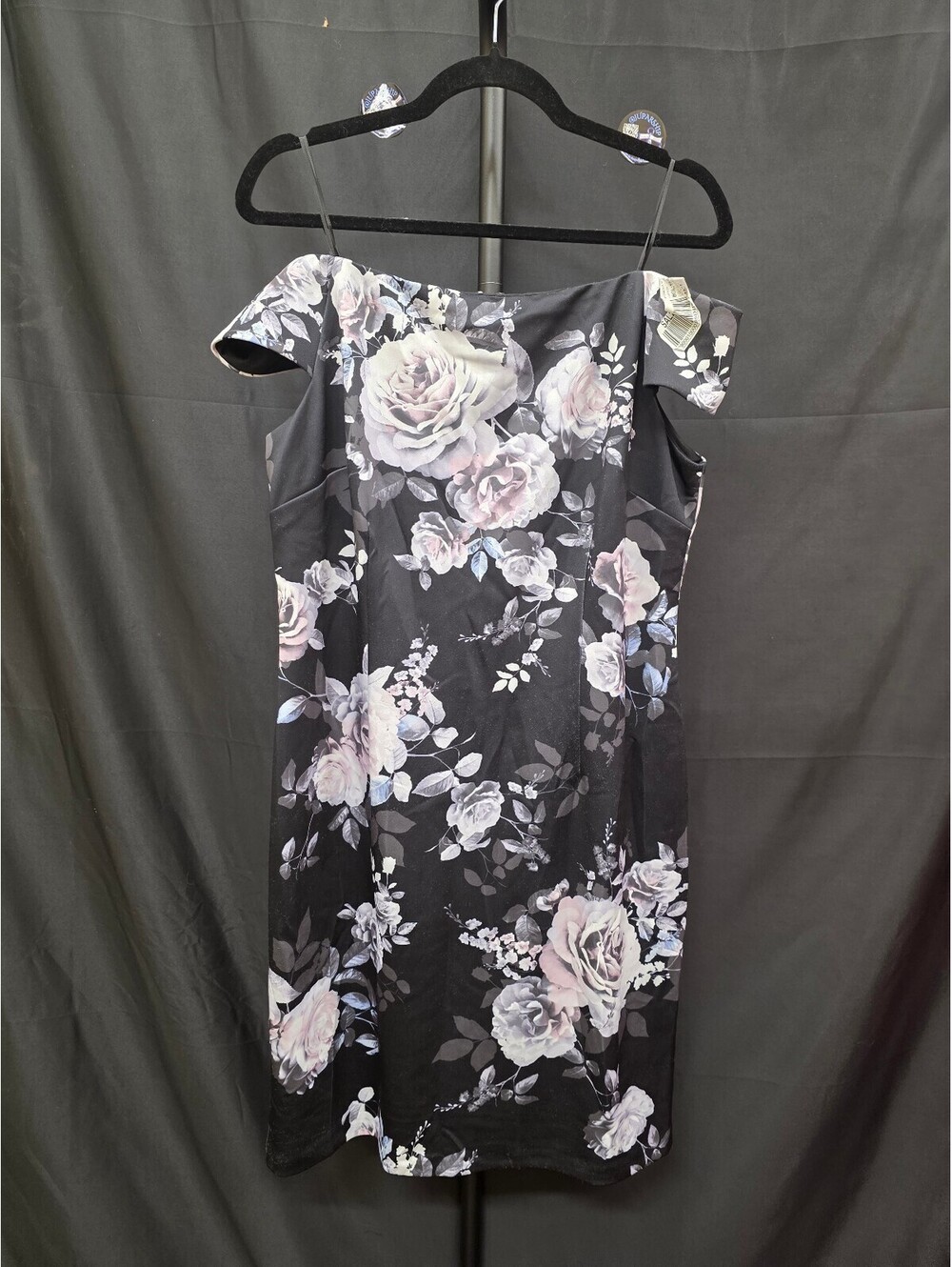 SL FASHIONS OFF‑THE‑SHOULDER FLORAL PRINT SHEATH DRESS BLACK MULTI 16